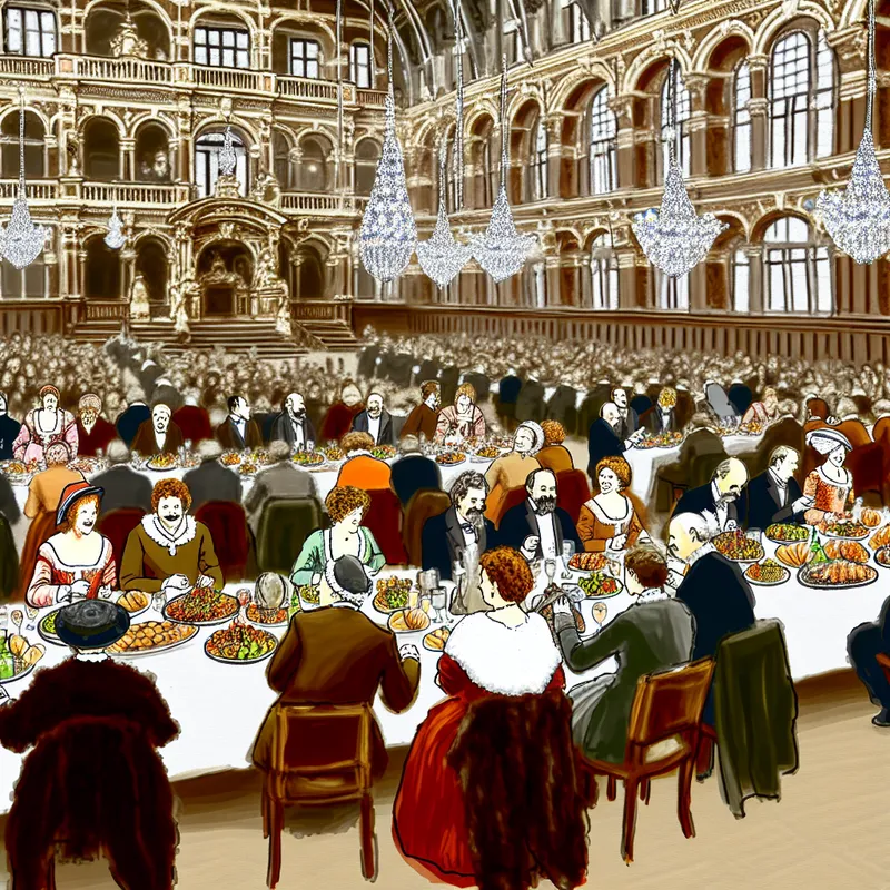 Formele banketbijeenkomst met elegant geklede gasten aan prachtig versierde tafels en een rijke eetspread.