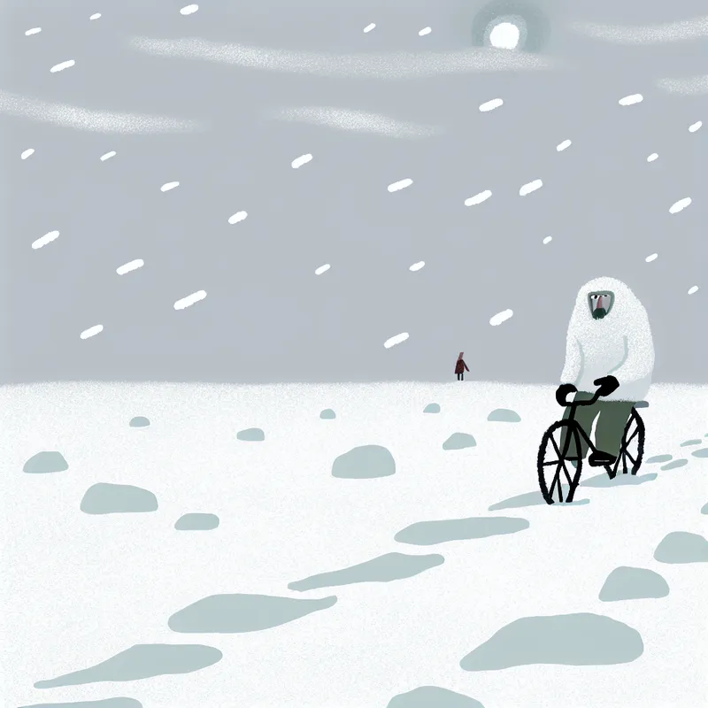 Minimalistische illustratie van een eenzame fietser in dikke winterkleding die door een besneeuwd landschap rijdt bij bar koud weer
