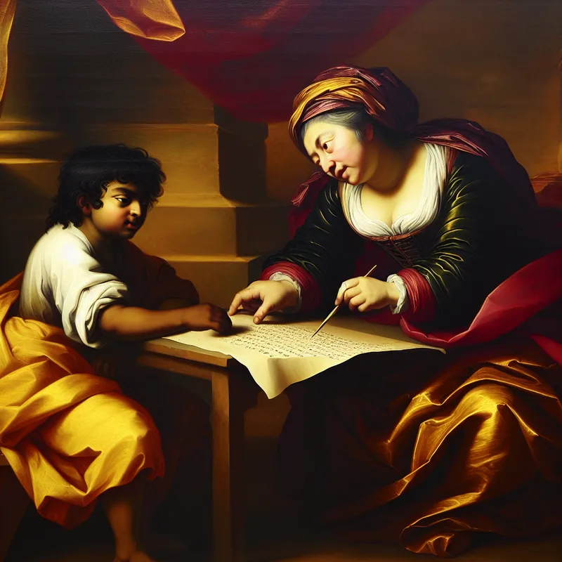 Barokke scène van een privéles wiskunde met een jonge leerling en een geduldige tutor, geschilderd in de stijl van Peter Paul Rubens