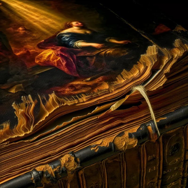 Barokke close-up van een oude, versleten boekrug met beschadigde draad en gescheurd leer, symboliserend de fysieke structuur van een boek