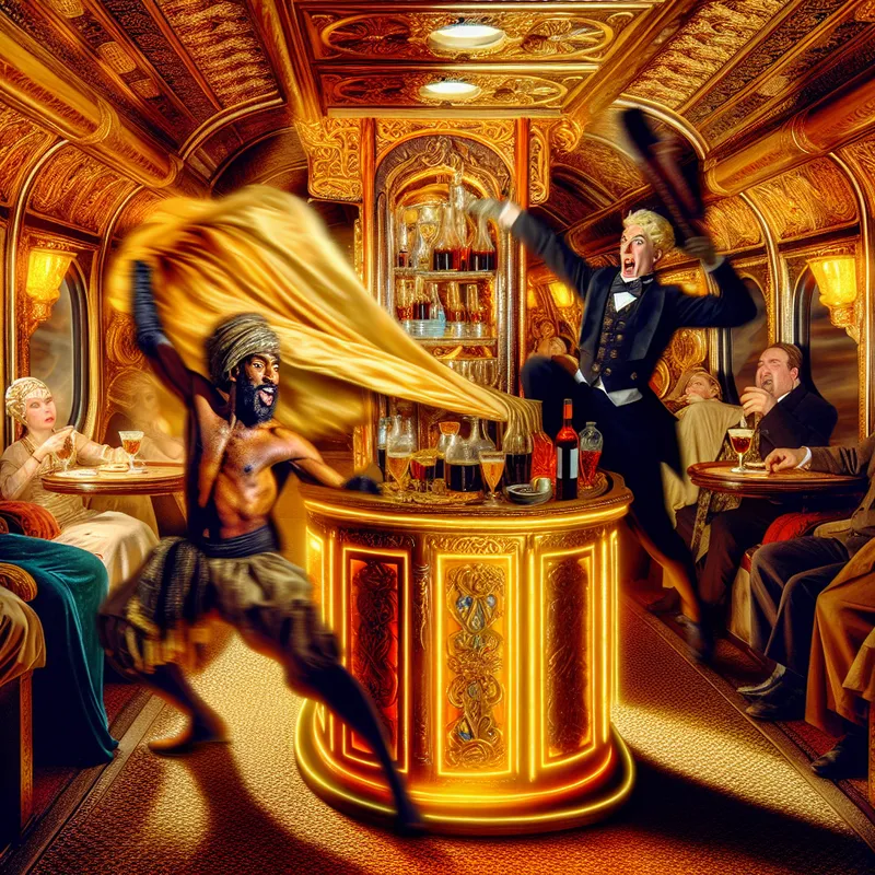 Barokke voorstelling van een luxe buffet in een trein- of vliegtuigcabine, waar een steward drankjes en hapjes serveert aan passagiers in een rijkversierde, afgesloten ruimte met gouden accenten