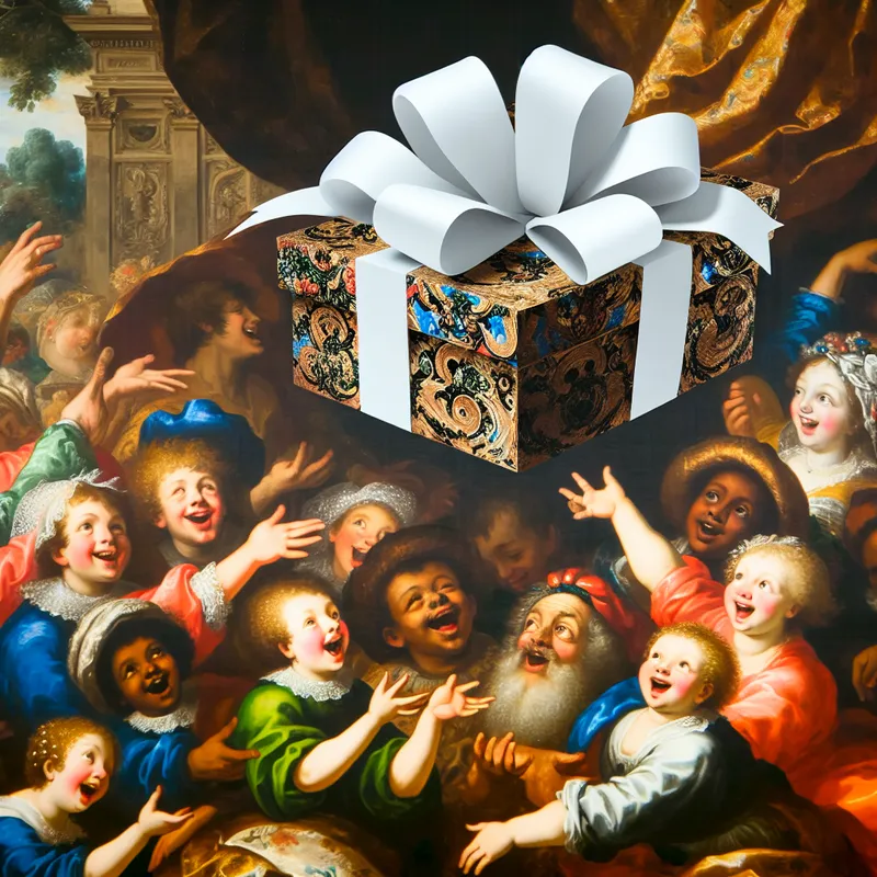 Barok schilderij van een rijk gedetailleerde cadeauscène met kinderen