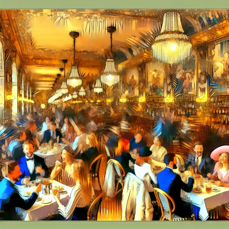 Een druk café in barok stijl met mensen die genieten van elkaars gezelschap, verlicht door gouden kroonluchters.