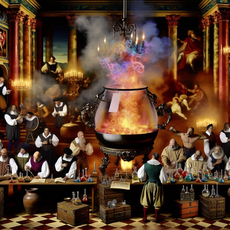 Barokke alchemielaboratoriumscène met dramatische chemische reactie tussen azijn en bakpoeder, 17e-eeuws