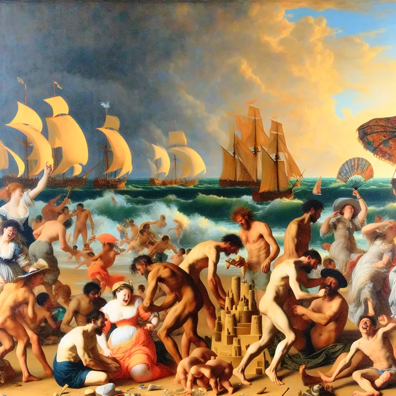 Barokke strandscène met vrolijke mensen die genieten van een dagje uit aan zee, met zandkastelen, parasols en zeilboten in een dynamische compositie