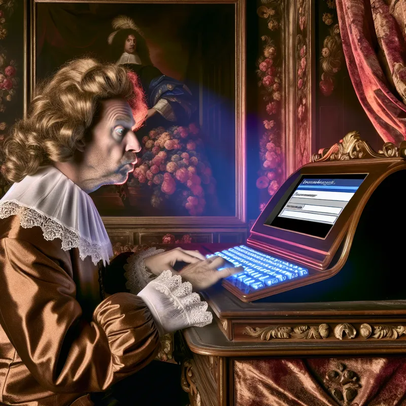 Persoon in historische kleding aan een barok bureau, gefocust op een glowing toetsenbord, met een gefrustreerde blik tijdens een mislukte inlogpoging.