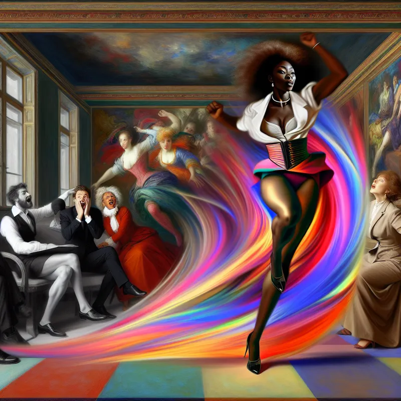 Barokschilderij van een vrouw in een levendige kantooromgeving