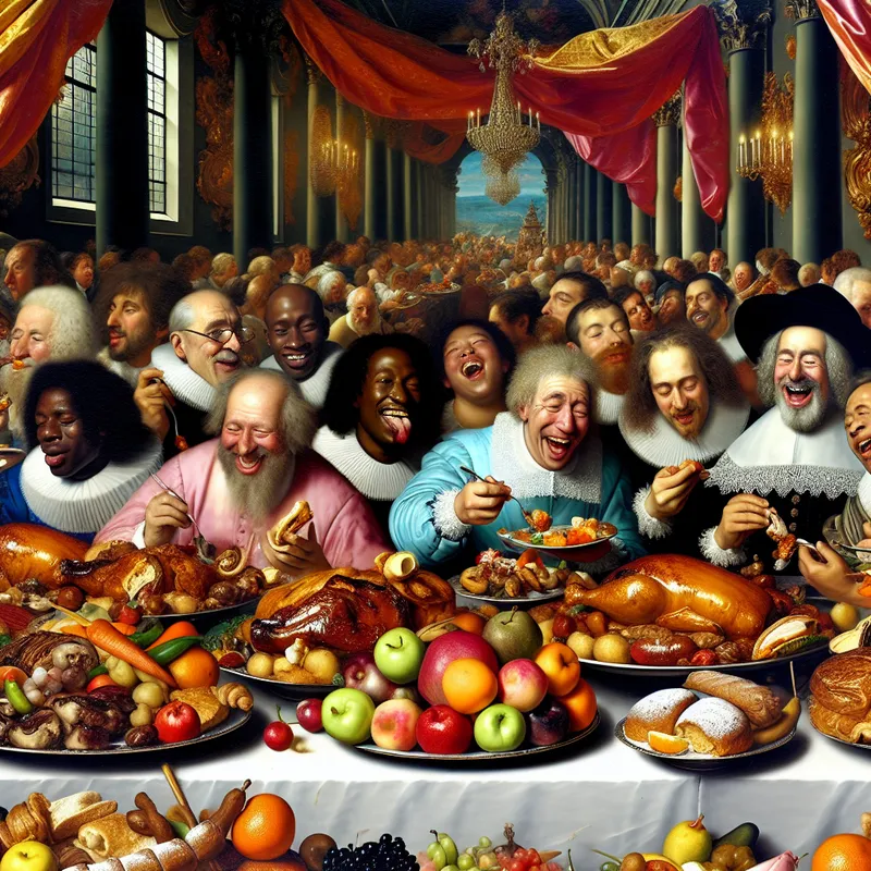 Een levendig Barok feestmaaltijd met een overvloed aan kleurrijke gerechten en mensen die genieten van het eten.