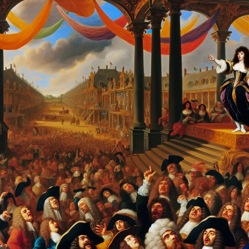 Een vrouw op een verhoogd platform spreekt het publiek toe tijdens een Barok festival, met emotionele festivalgangers eromheen.