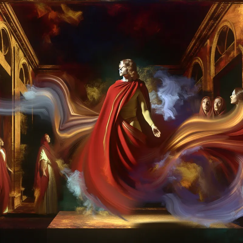 Barokke scène van een kalme persoon omringd door verbaasde figuren, illustrerend emotioneel gedrag en reacties