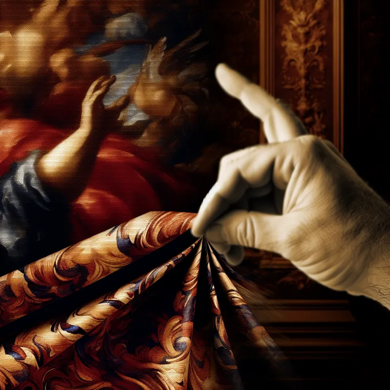 Close-up van een hand die een grote, versierde papier vlak vouwt met complexe patronen in Barokke stijl.