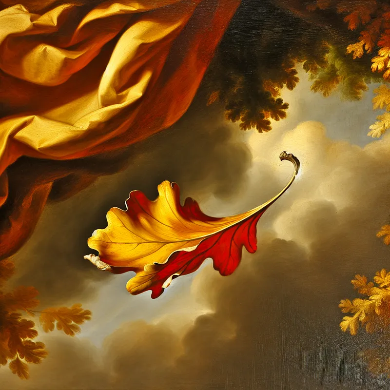 Barokke voorstelling van een herfstblad dat loslaat van een tak en naar beneden valt, met warme kleuren en dynamische beweging
