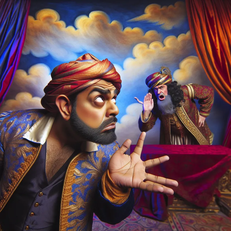 Barokke scène van een man die zijn oor vasthoudt en om herhaling vraagt, geïnspireerd op Peter Paul Rubens