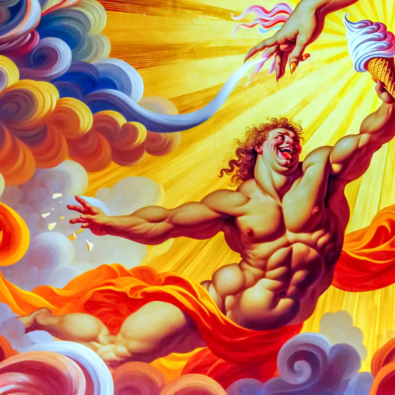 Barokke voorstelling van een stralende figuur die verlangend reikt naar een grote, smaakvolle ijshoorn, symbool voor zin of trek hebben