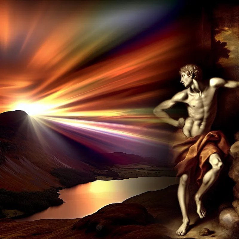 Een dramatisch barok tafereel van een persoon op een klif die uitkijkt naar een ondergang, met een uitdrukking van verlangen en vastberadenheid.