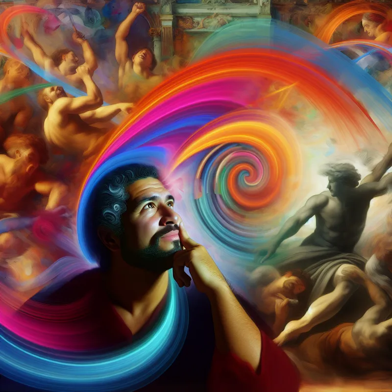 Barokke scène van een persoon met plotselinge inspiratie, omringd door wervelende kleuren