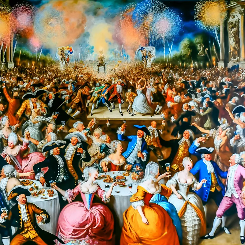 Een barokke scène van een jubilee viering met een feestelijke menigte