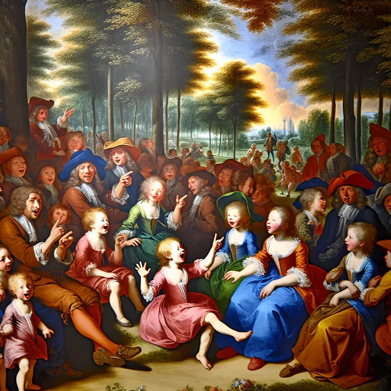 Barok schilderij van kinderen in gesprek met volwassenen in een zonnig park