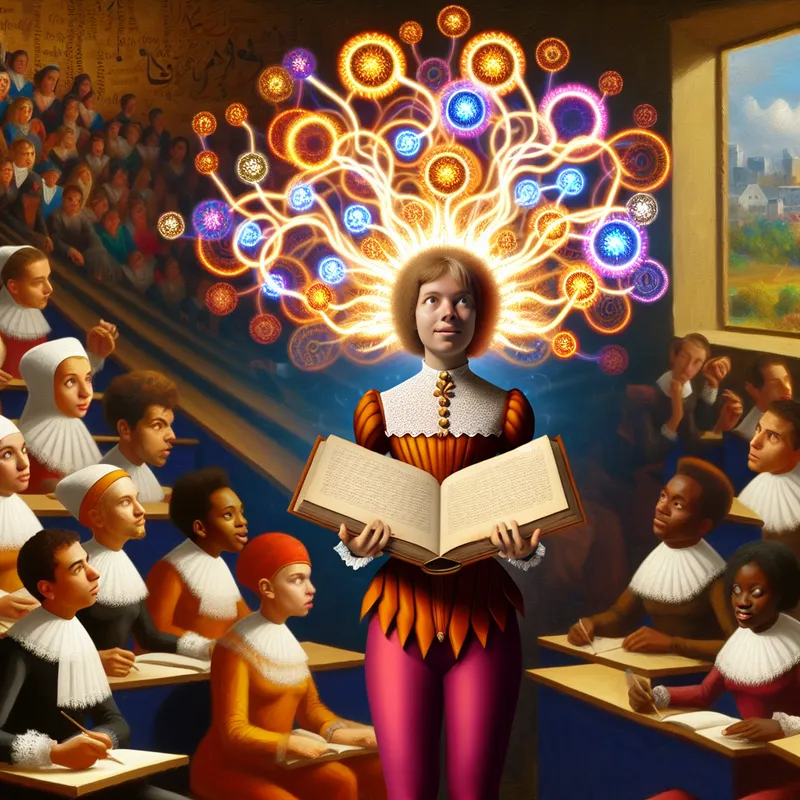 Een barokke scène met jonge leerlingen in een klaslokaal, waarbij een meisje een gloeiend boek vasthoudt te midden van kleurrijke, draaiende symbolen die haar intelligentie voorstellen.