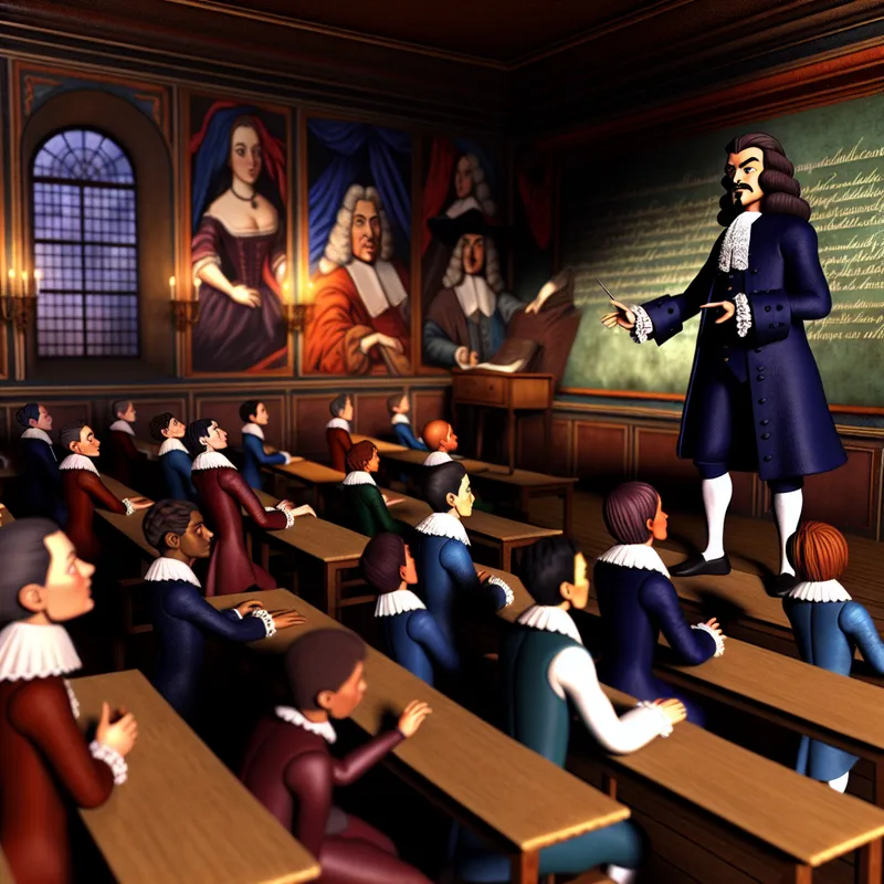 Een gespierde leraar staat rechtop voor de klas en legt enthousiast een onderwerp uit aan een divers publiek van studenten.