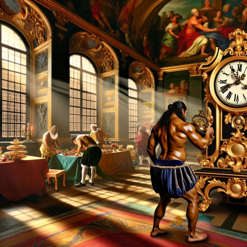 Een barokke scène met een klok die zeven uur slaat, een gespierd figuur de tafel dekt voor een avondmaaltijd.