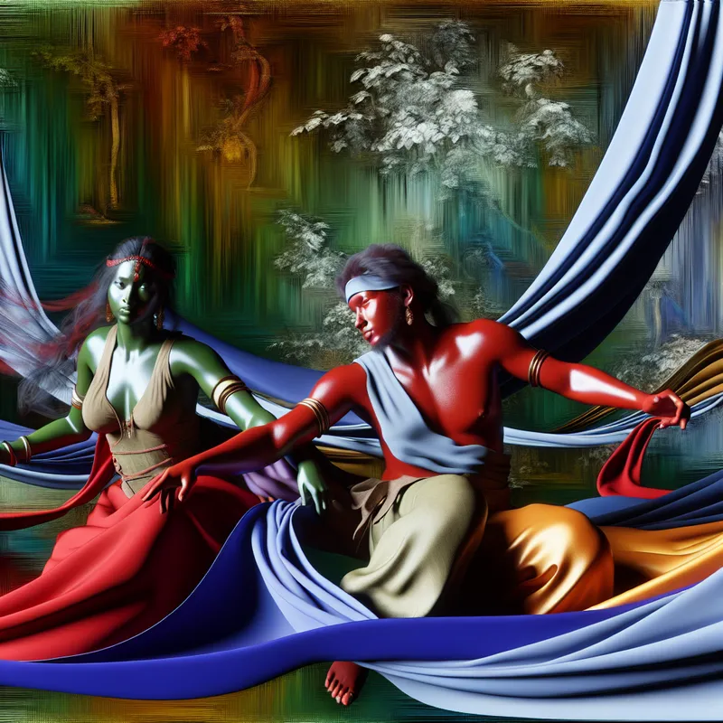 Dramatische afbeelding van een stel in een weelderige tuin, geïnspireerd door de Barokstijl van Rubens