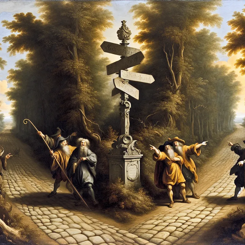 Barokke voorstelling van een kruispunt met historische figuren bij een houten wegwijzer, symboliserend keuzemomenten in het leven