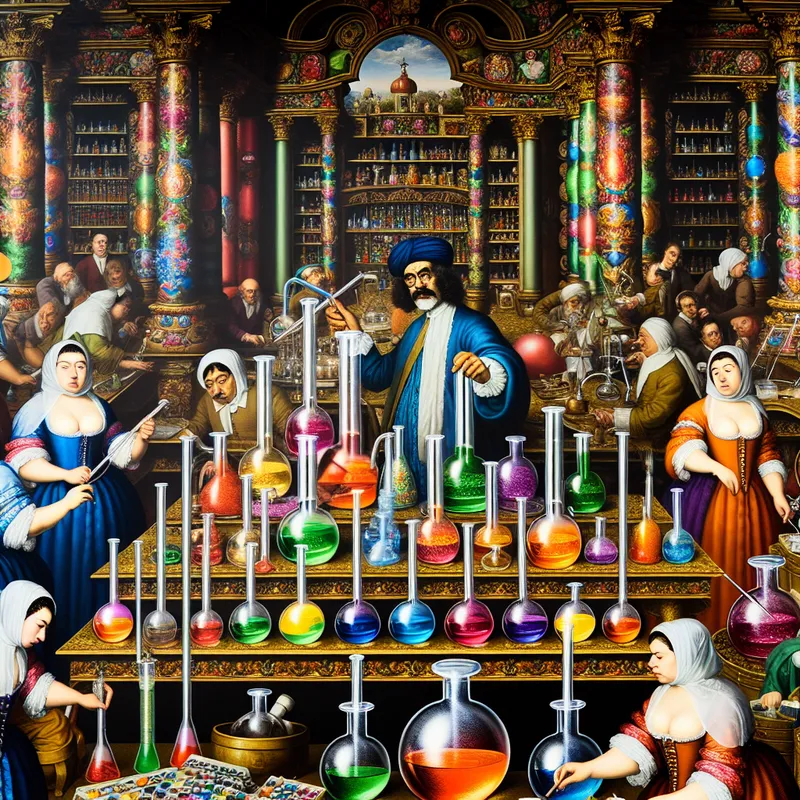 Een barokke laboratoriumscène met een wetenschapper en assistenten die kleurrijke chemische componenten scheiden.