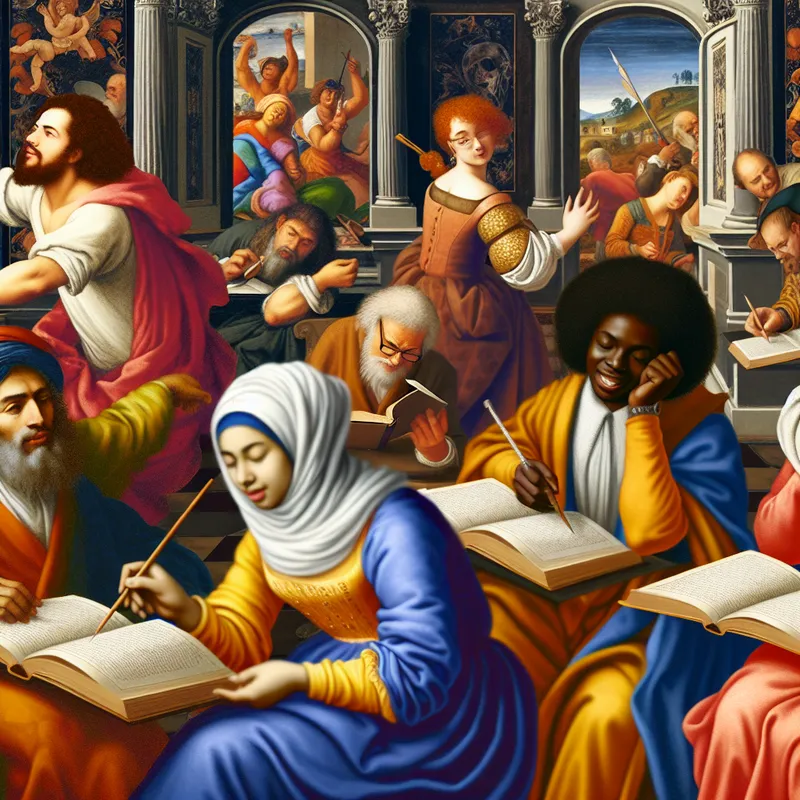 Diverse groep mensen in een barokke omgeving, betrokken bij verschillende leeractiviteiten.