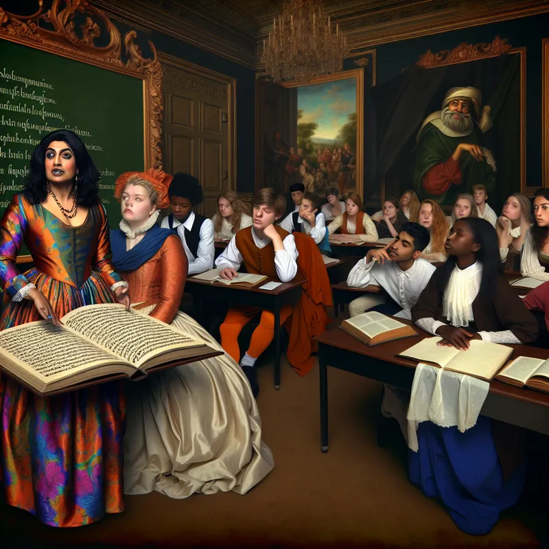 Een leraarsfiguur leest voor uit een groot, versierd boek terwijl studenten gefocust luisteren in een Barokke klaslokaal.