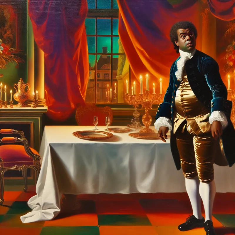 Man in barokke setting staat aan een elegant gedekte tafel en kijkt verwachtingsvol naar een lege stoel.