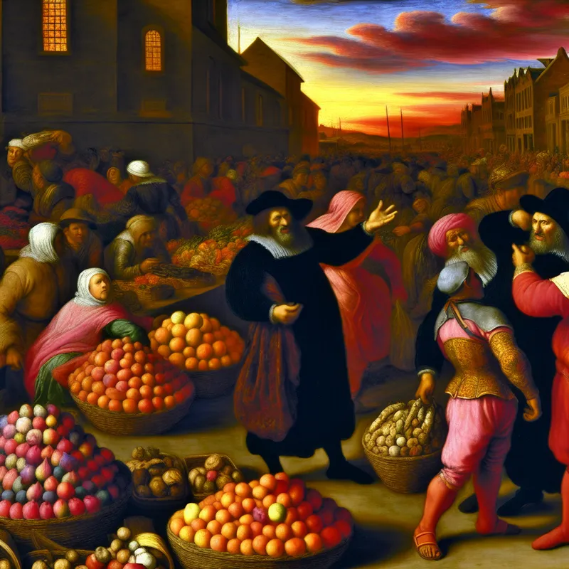 Dramatisch Barok tafereel van een levendige markt bij zonsondergang met veel mensen en kleurrijke kraampjes vol groenten en fruit