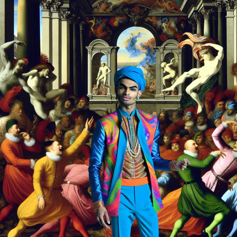 Een model in gedurfde mode presenteert een Barok-stijl modeshow met levendige kleuren, omringd door een bewonderend publiek.