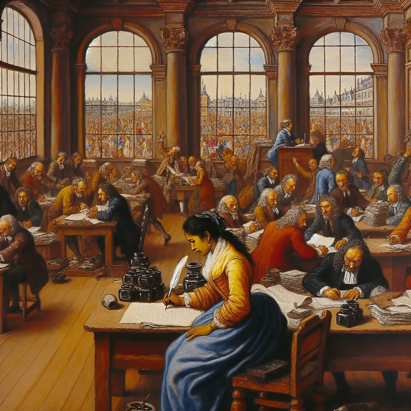 Een drukke nieuwsroom uit het Barok tijdperk waar journalisten gepassioneerd werken aan hun rapporten, met een journalist in de voorgrond die achter een bureau schrijft met een veer.