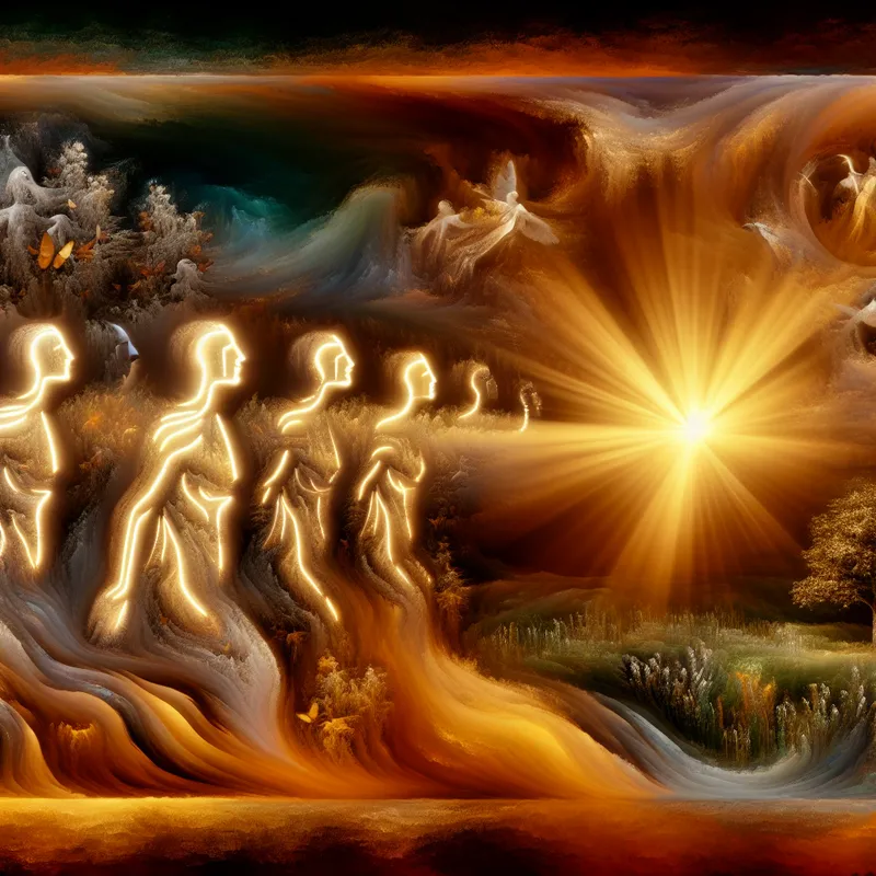 Barokke scène met spieren van figuren die uit de schaduw in het licht komen, symboliserend bewustzijn en ontwaken.