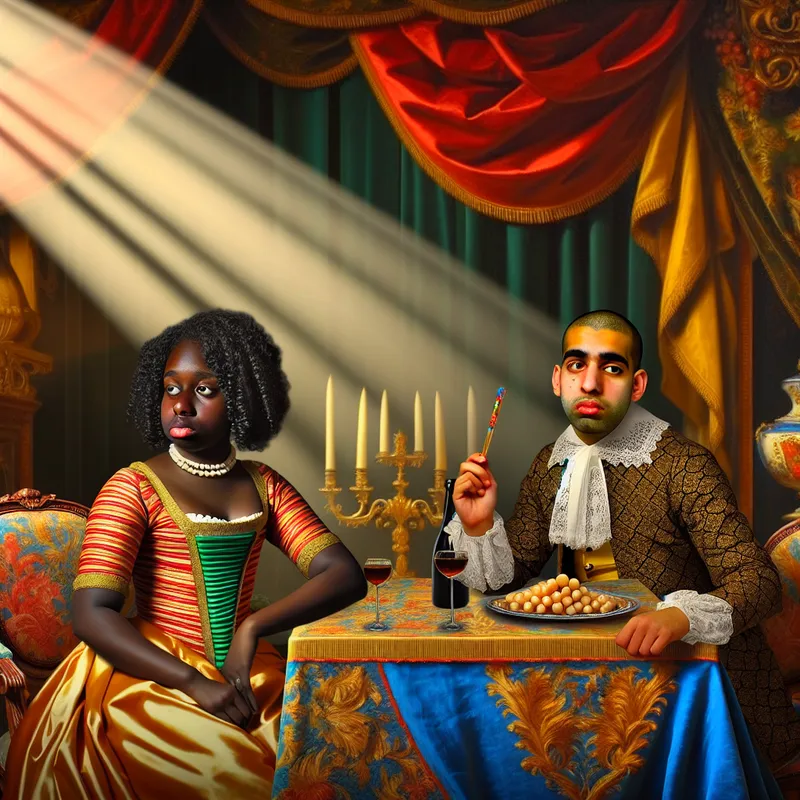 Twee elegant geklede personen aan een rijk gedekte tafel, in gesprek maar met verveelde uitdrukkingen.