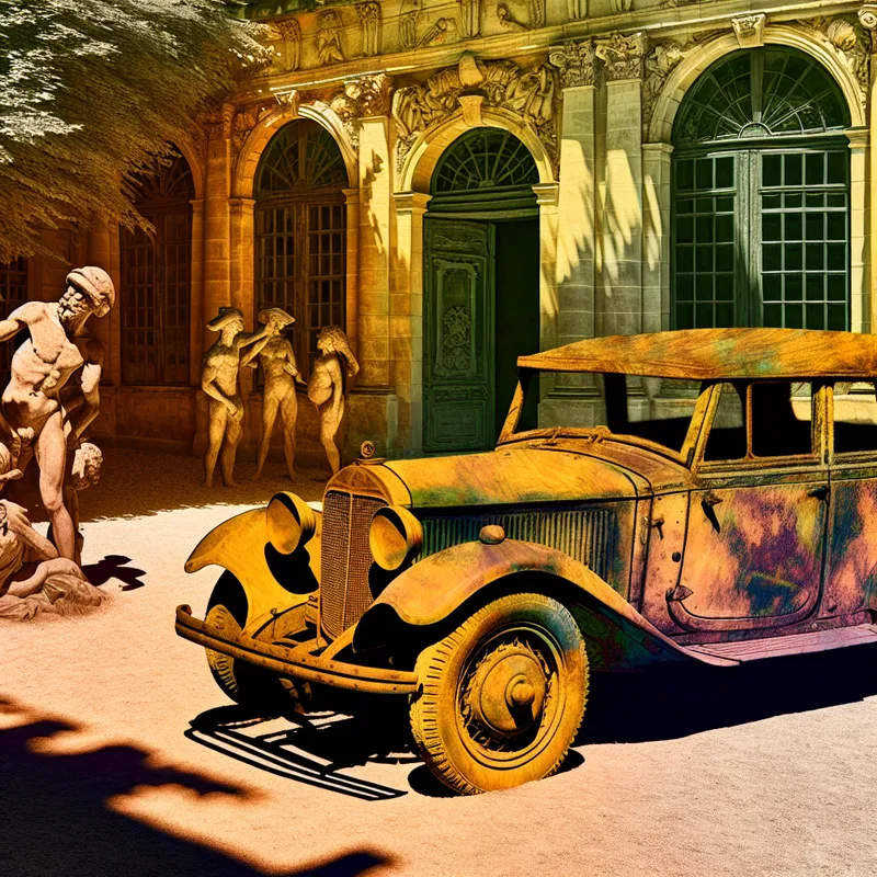 Barokke scène met een oude roestige auto in een zonnige binnenplaats, omringd door figuren in 17e-eeuwse kleding die het voertuig bewonderen en bespreken