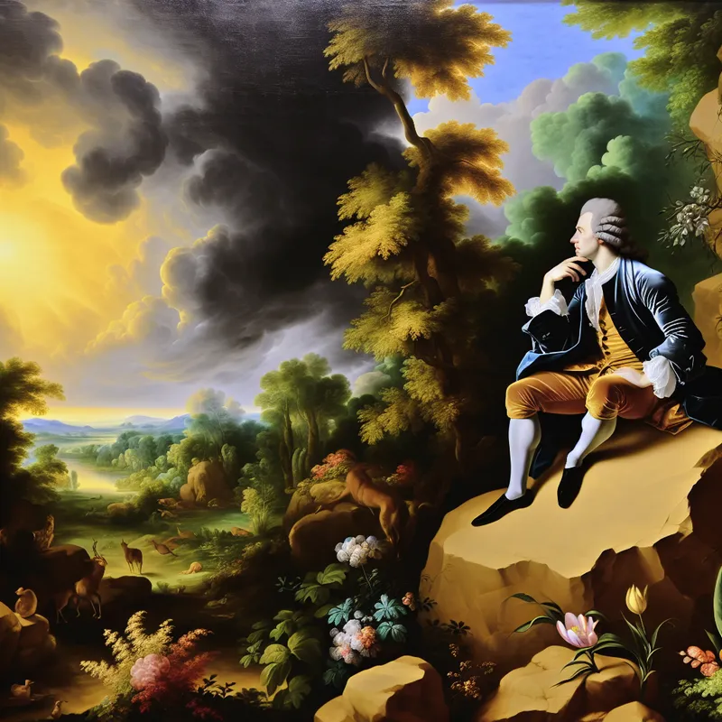 Een denkende persoon op een grote steen in een weelderig groen landschap met bloeiende bloemen en een dramatische lucht.