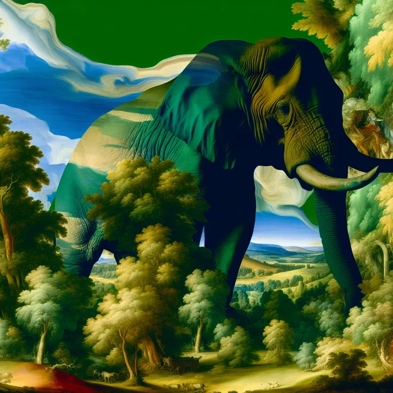 Reusachtige olifant in een weelderig Barok landschap