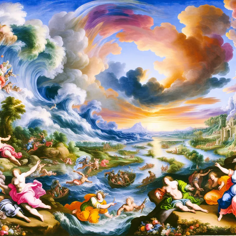 Een Barok scène met een grote rivier die naar de zee stroomt, met mensen en kleurrijke natuur.