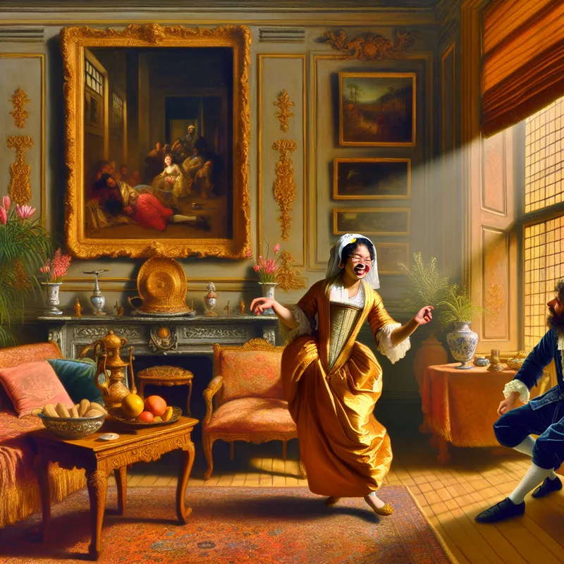 Een kleurrijk Barok schilderij van een gezellige kamer met een vrouw en een man, die interactief met elkaar omgaan.