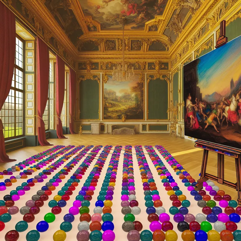 Barokke schilderij op een versierde ezel in een kunststudio met veel kleuren, natuurlijk licht en perfect gerangschikte marmeren ballen op de vloer.