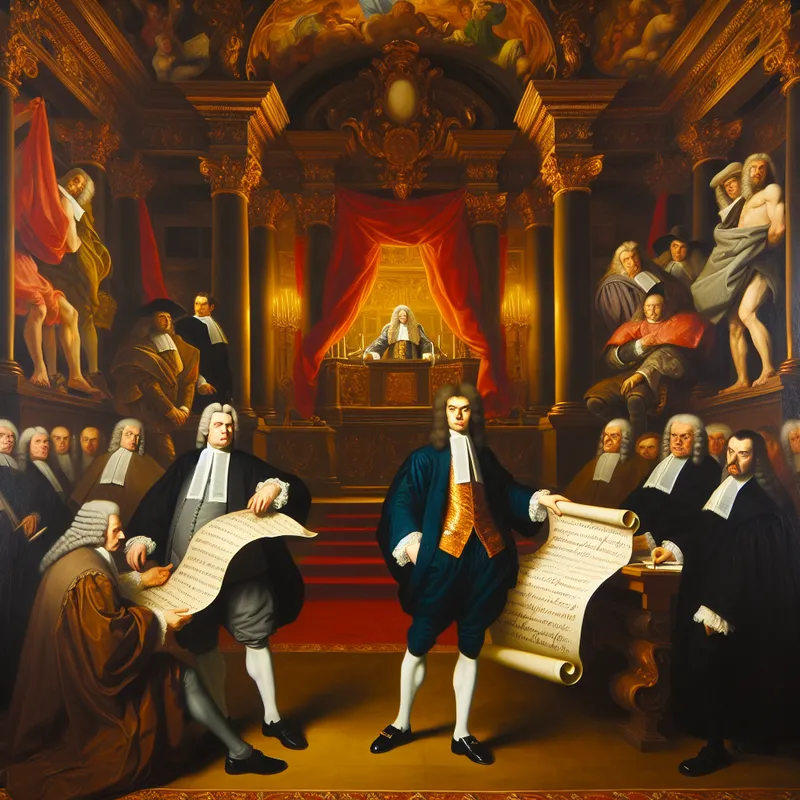 Een barokschilderij van een nobele figuur die trouw en plicht symboliseert, omringd door open scrollen met beloften.