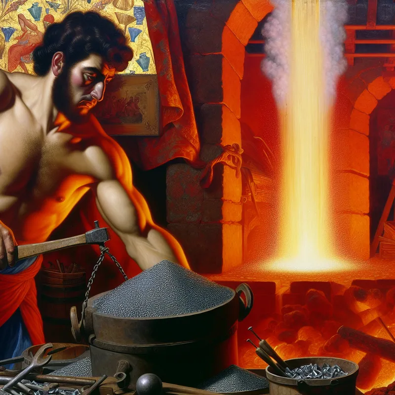 Een ervaren vakman die toezicht houdt op een smeltoven met gloeiende metaalpoeders in een barokke setting.