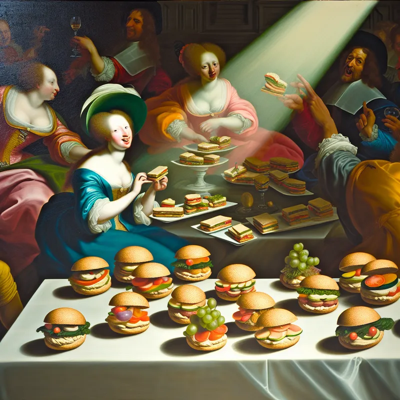 Een tafel met een assortiment kleine sandwiches, met de nadruk op een vegetarische sandwich met hummus en kleurrijke groenten, in een levendige baroksetting.