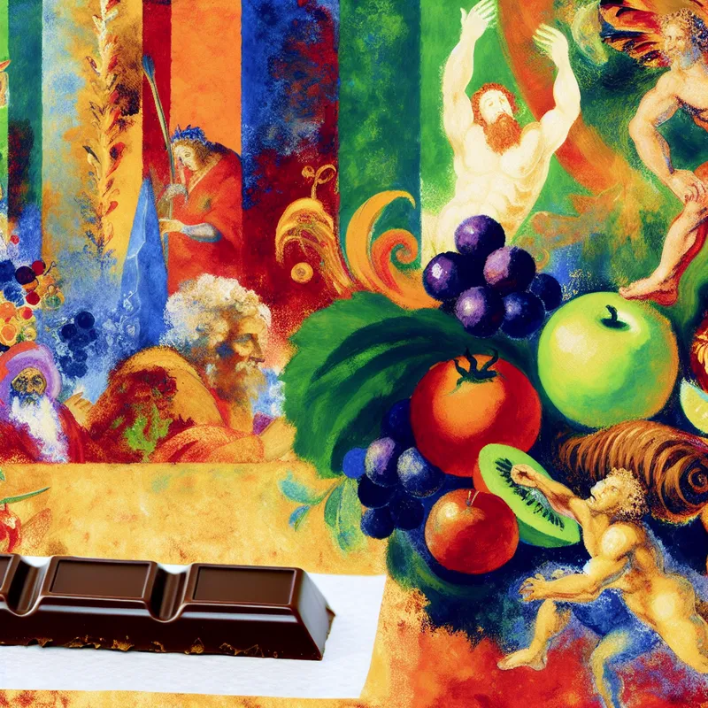 Een levendig barok schilderij van Peter Paul Rubens met een lange, smalle reep chocolade omringd door een overvloed aan fruit en andere voedingsmiddelen.