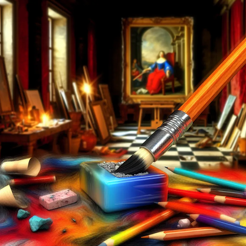 Een stillleven met een potlood en een kleurrijke gum in het midden, omgeven door kunstbenodigdheden in een artistieke studio.