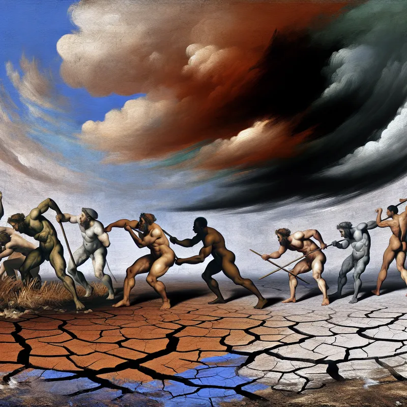 Een dramatische Barokscene met versleten grond, met scheuren en plassen door de regen, en sterke mannen die tegen de elementen vechten.