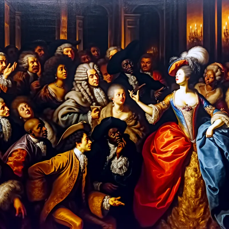 Een levendig Barok tafereel met een groep mensen in een dynamisch gesprek, centraal een persoon die met een handgebare een belangrijke vraag stelt.