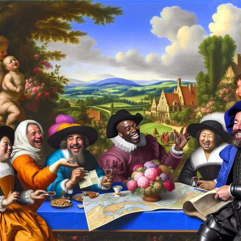 Een levendige Barok afbeelding van diverse mensen die blij zijn terwijl ze vakantieplannen maken aan een rijk gedekte tafel in een groene buitenomgeving.